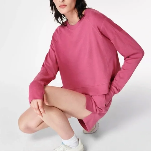 SWEATY BETTY Cropped Sweatshirt 12 Organic Cotton Athleisure Loungewear Gym Pink - Picture 1 of 12